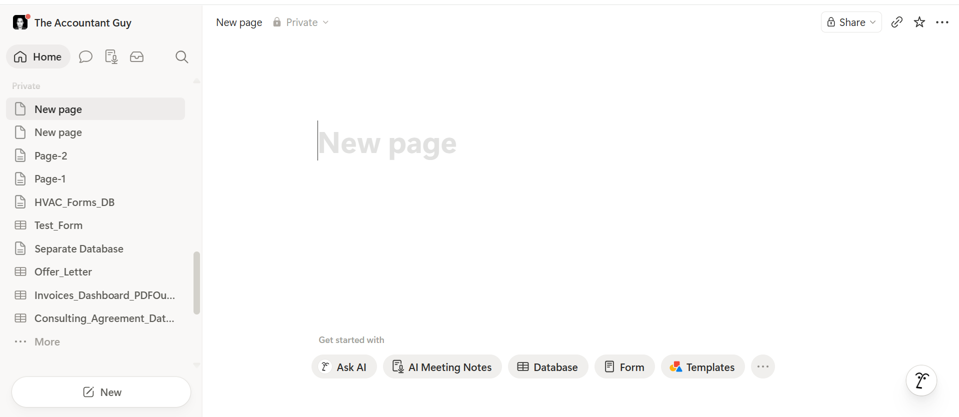 A new blank Notion page created with the title placeholder showing New page and options to get started with Ask AI, AI Meeting Notes, Database, Form and Templates