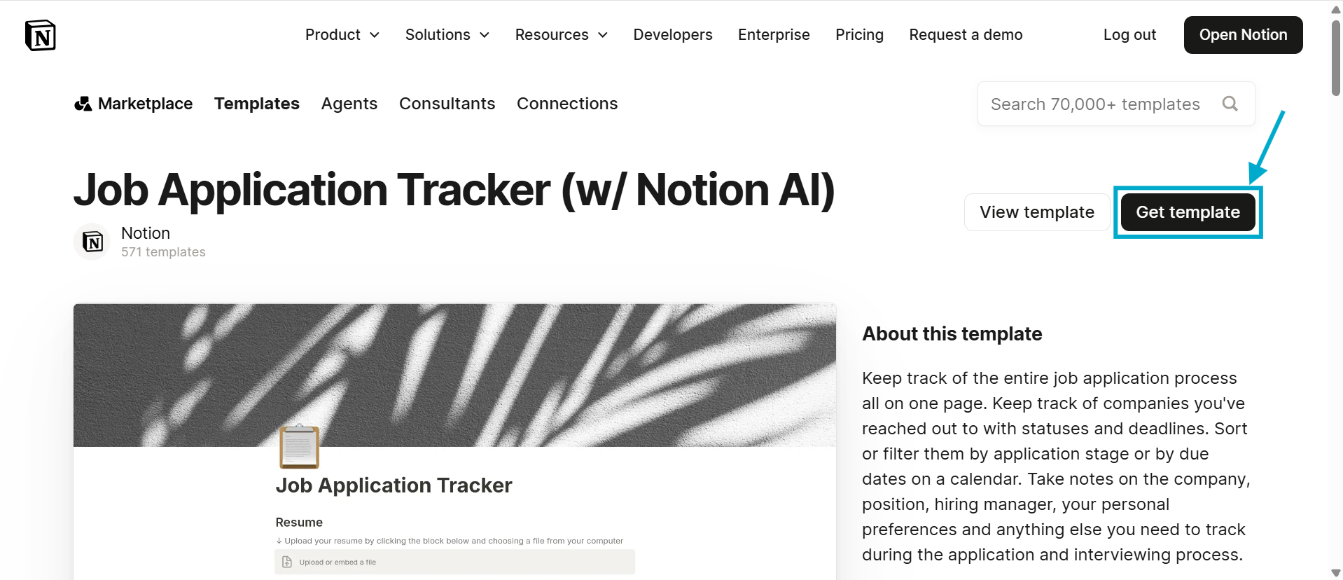Notion Template Gallery showing a Job Application Tracker template with Notion AI — featuring View template and Get template buttons along with the template description
