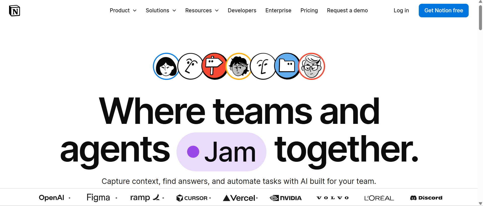 Notion homepage showing the platform where teams and agents work together