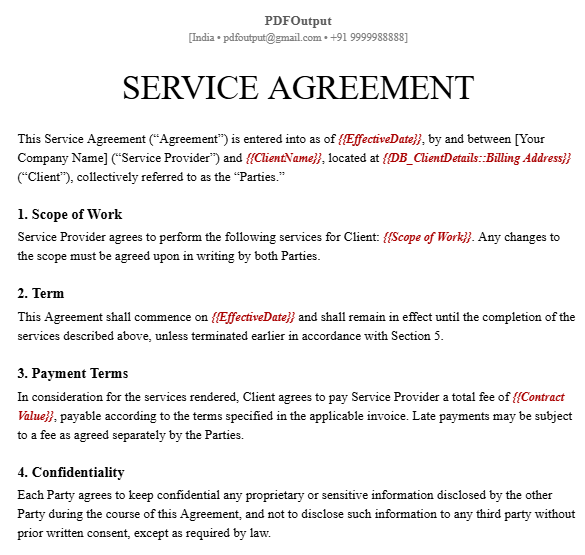 Service Agreement template in Google Document with placeholders like EffectiveDate, ClientName, Scope of Work