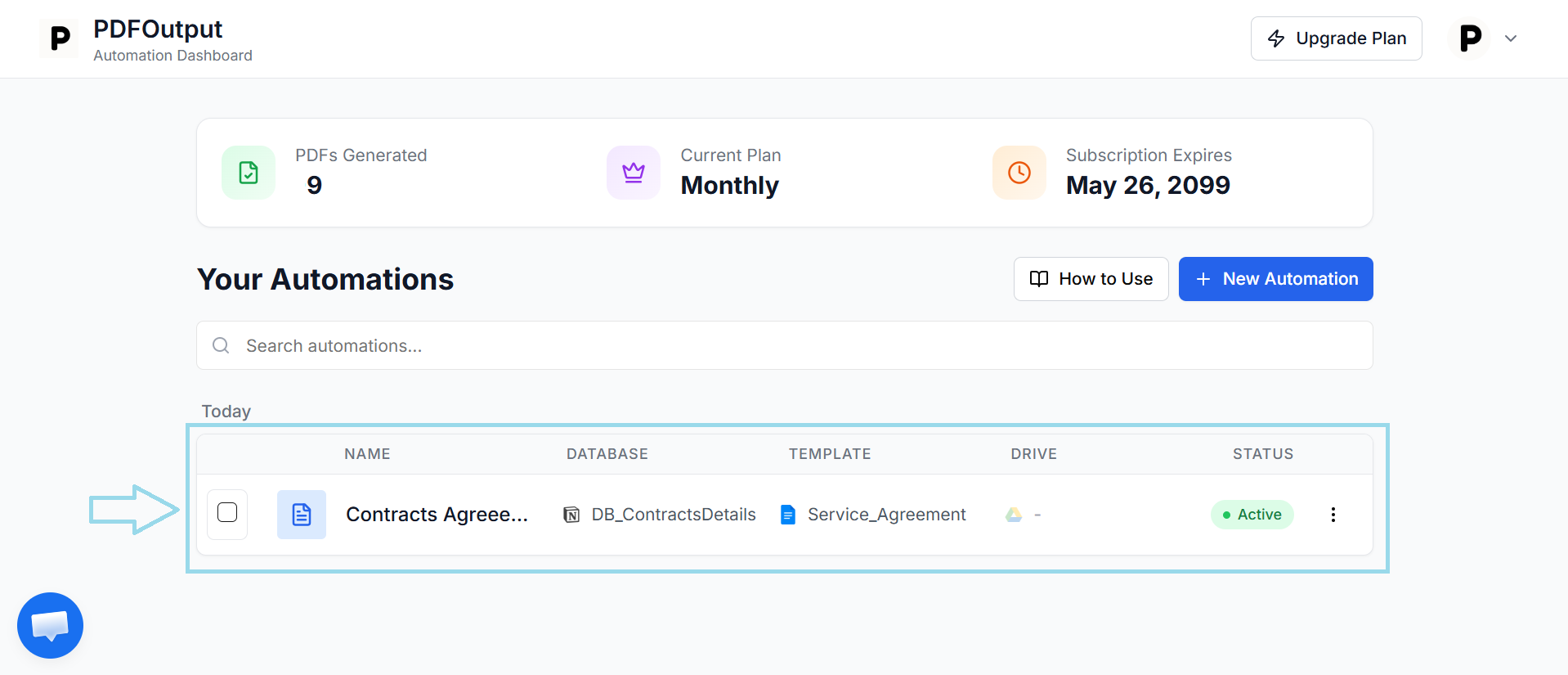 PDFOutput automation dashboard showing active Contracts Agreement automation