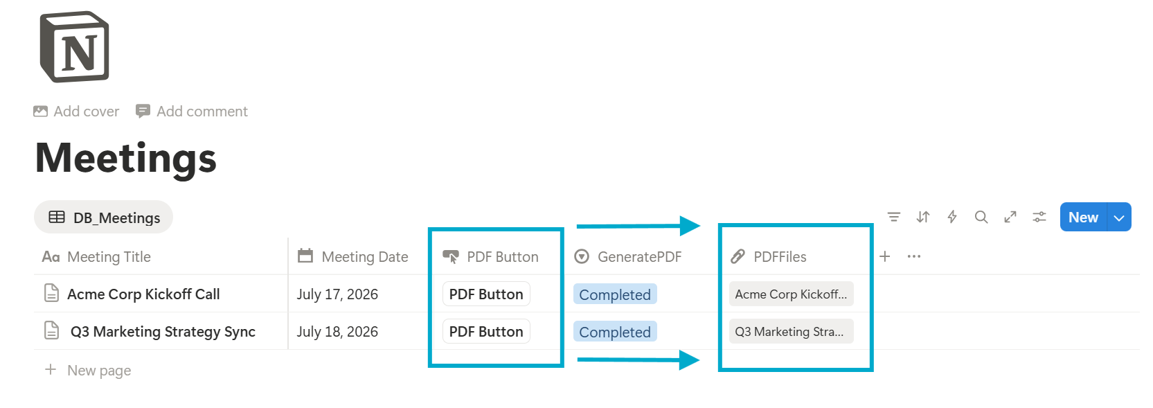 Notion Database with PDF Button property to generate PDFs directly using a button click