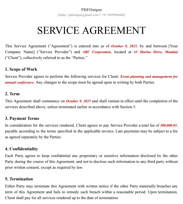 Sample Service Agreement PDF generated from the automation showing populated contract data
