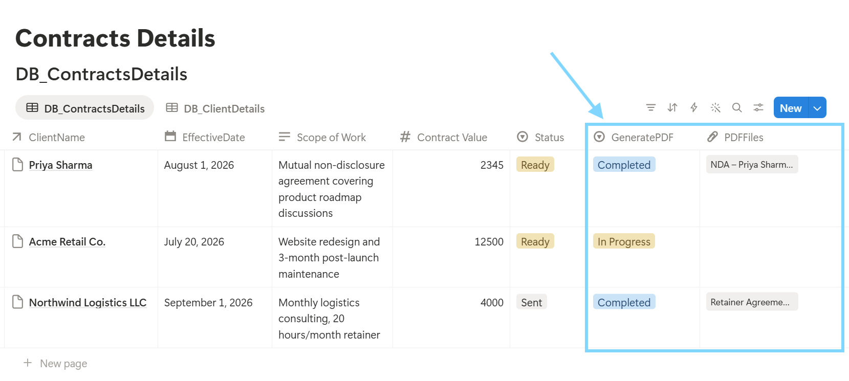 Notion Database showing GeneratePDF property and completed contract records