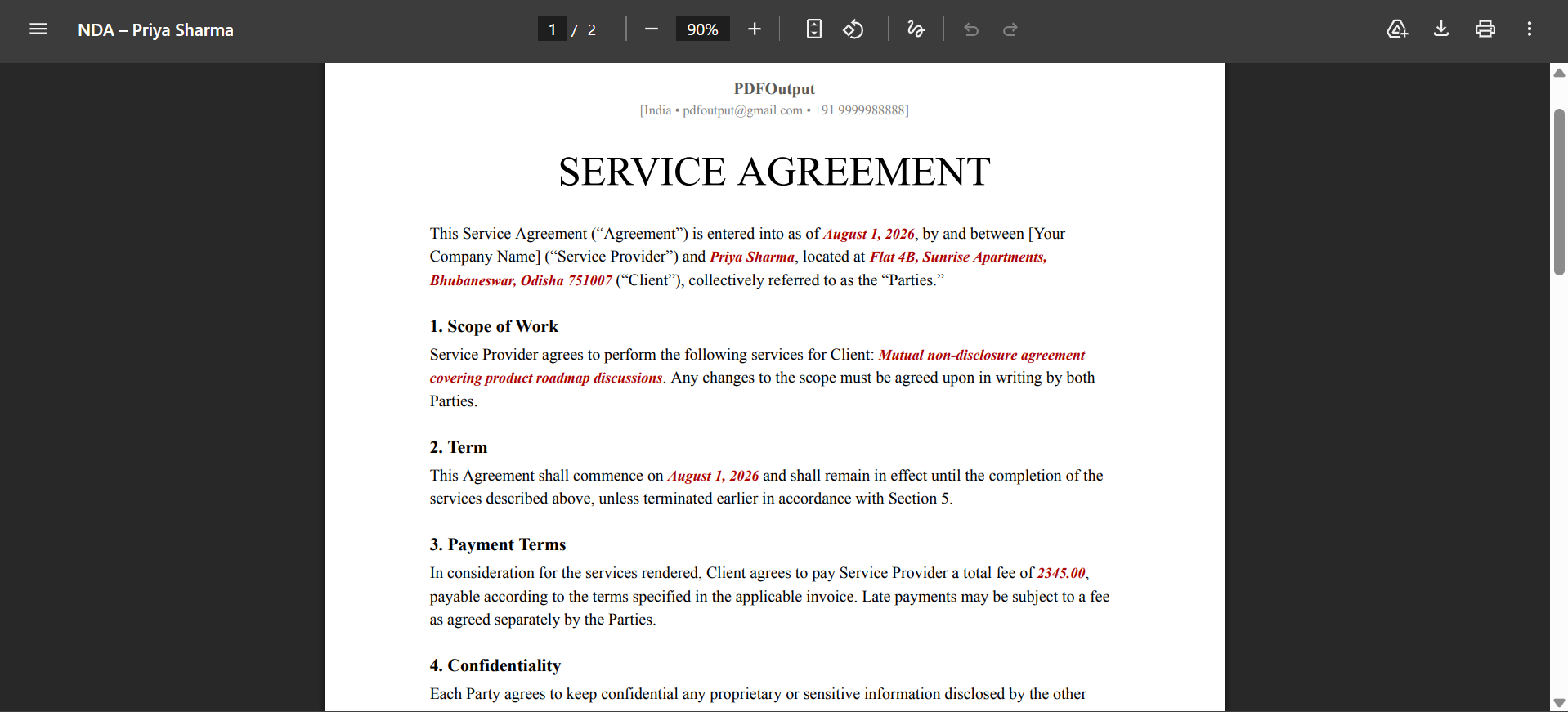 Sample Contract Agreement PDF output generated by PDFOutput