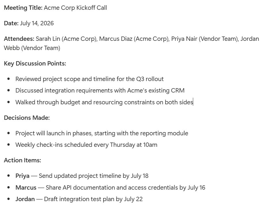 Sample Meeting Notes for Acme Corp Kickoff Call