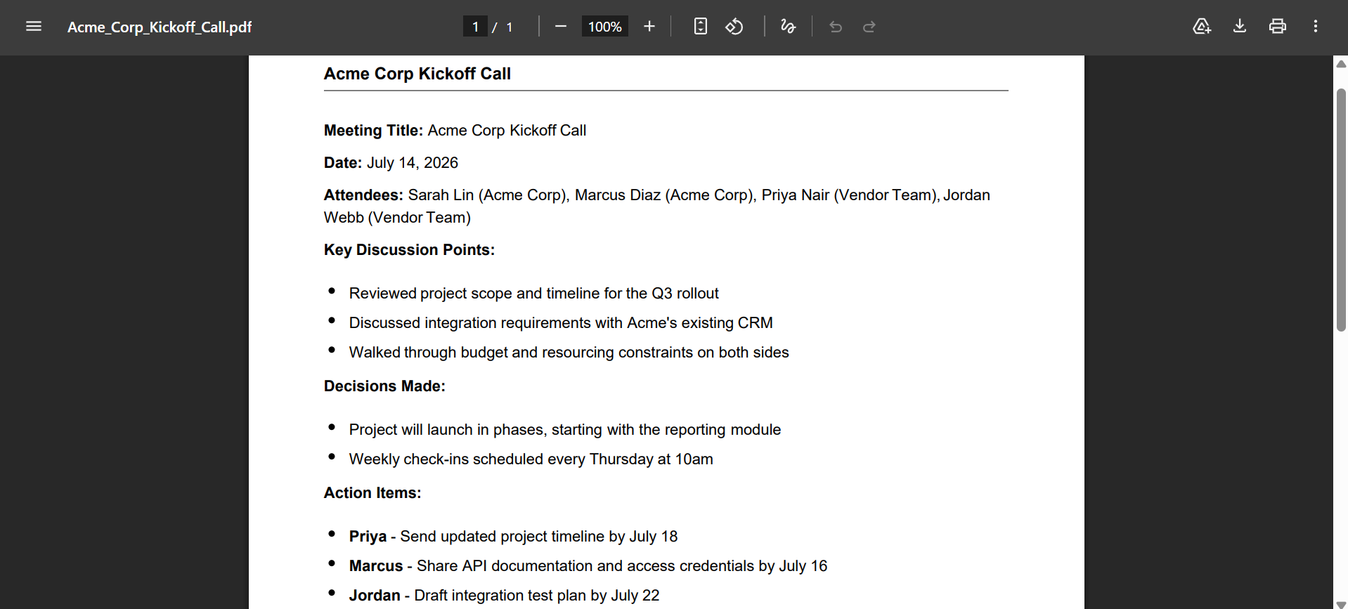 Sample PDF Output - Acme Corp Kickoff Call Meeting Notes
