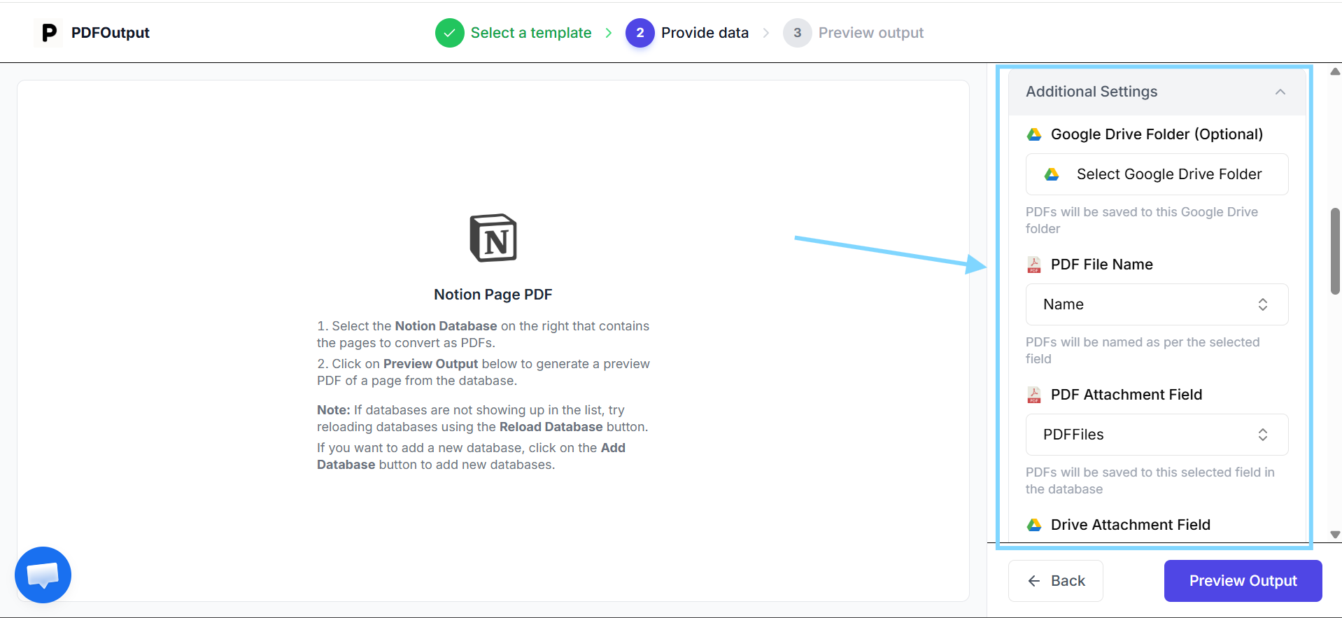 PDFOutput Additional Settings - Google Drive Folder, PDF File Name, PDF Attachment Field