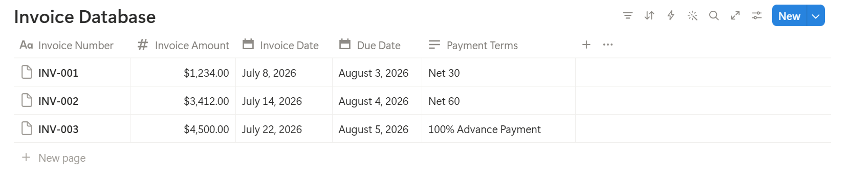 Invoice Database created in Notion with Invoice Number, Invoice Amount, Invoice Date, Due Date and Payment Terms properties