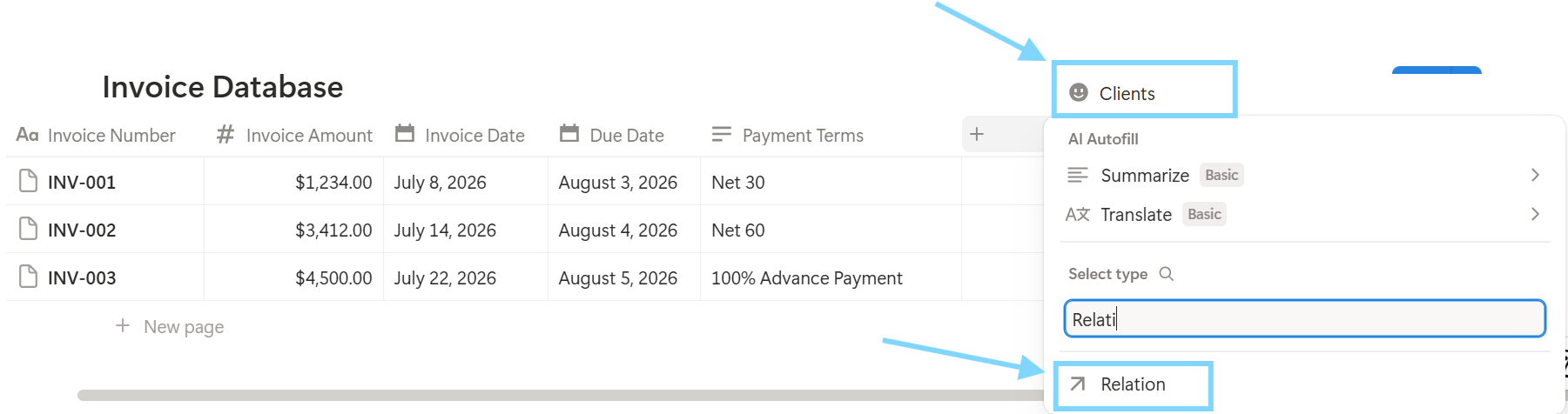 Naming the new property as Clients and selecting Relation as the property type in Notion