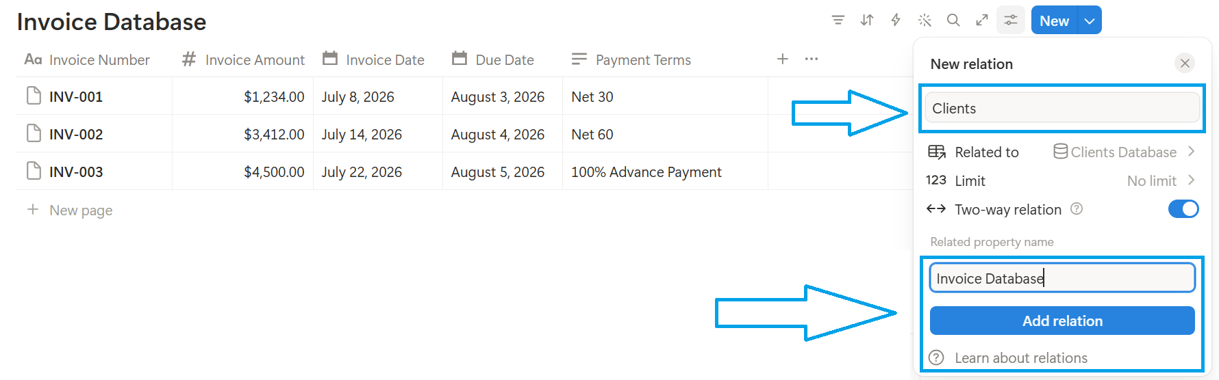 Enabling Two-way relation in Notion with Related property name set to Invoice Database and Add relation button