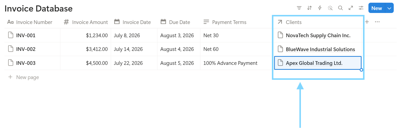 Invoice Database showing the Clients relation column populated with client names — NovaTech Supply Chain Inc., BlueWave Industrial Solutions, and Apex Global Trading Ltd.