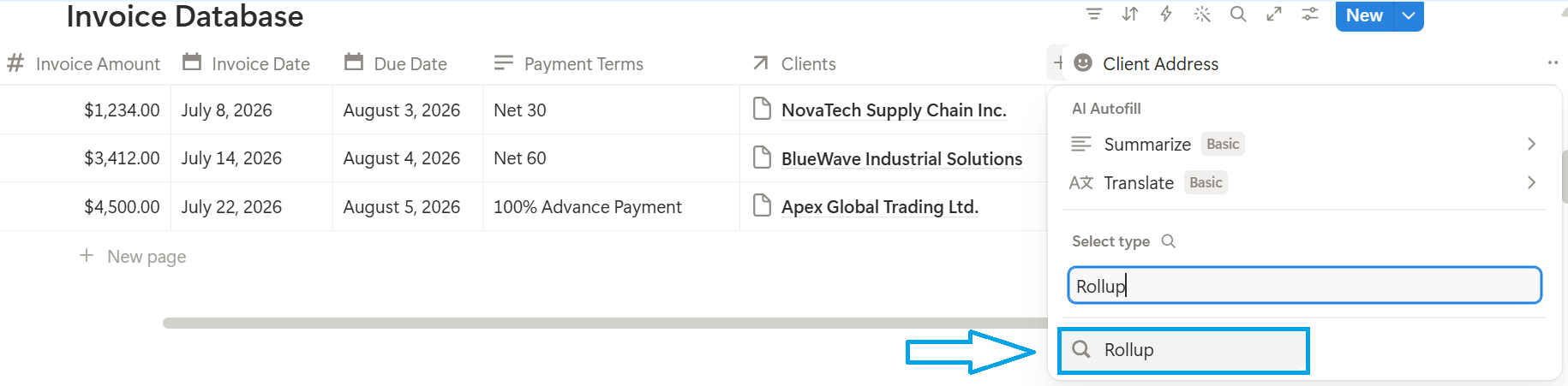 Adding a new Client Address property in Notion and selecting Rollup as the property type