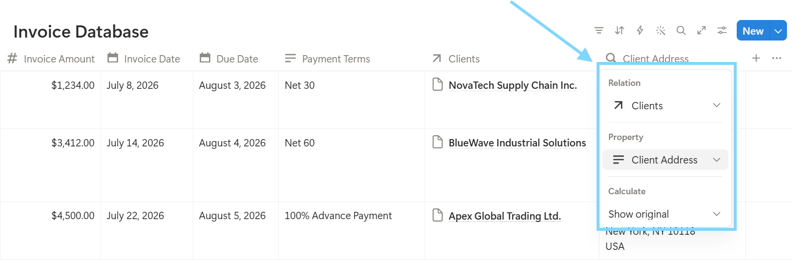 Configuring the Rollup property in Notion — Relation set to Clients, Property set to Client Address, Calculate set to Show original
