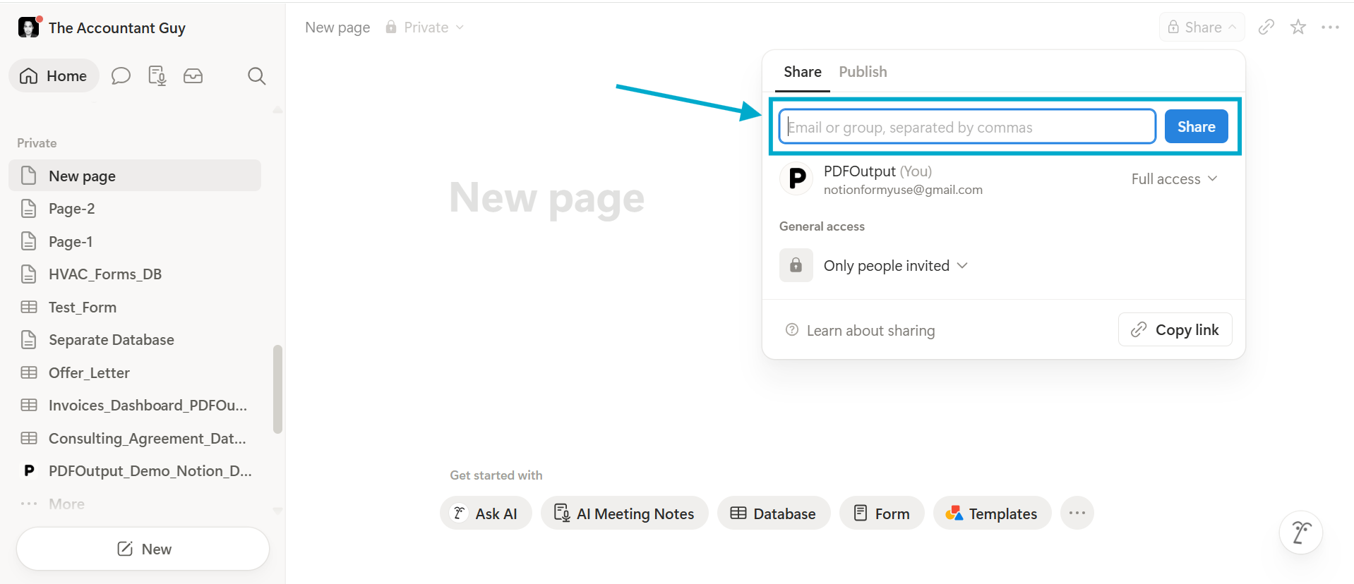 Notion Share Dialog - Add team member emails separated by commas to share pages with defined permissions